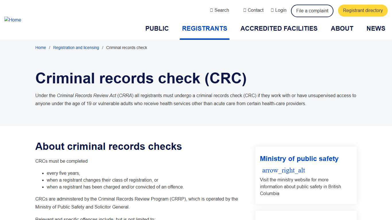 Criminal records check (CRC) College of Physicians and Surgeons of BC